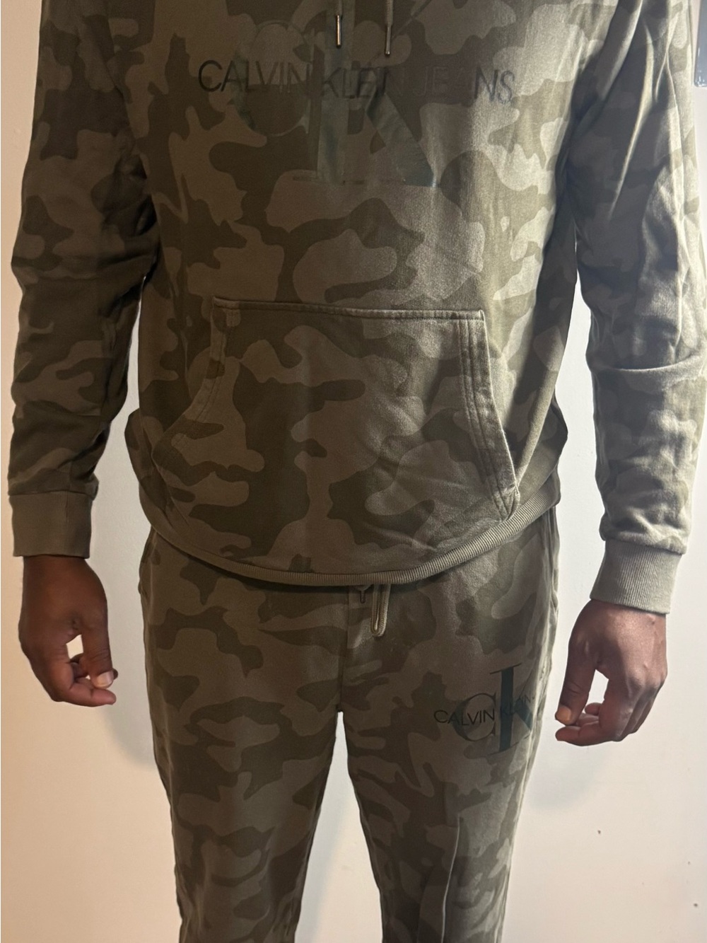 Calvin Klein Men’s Olive Green Camo Pullover Hoodie